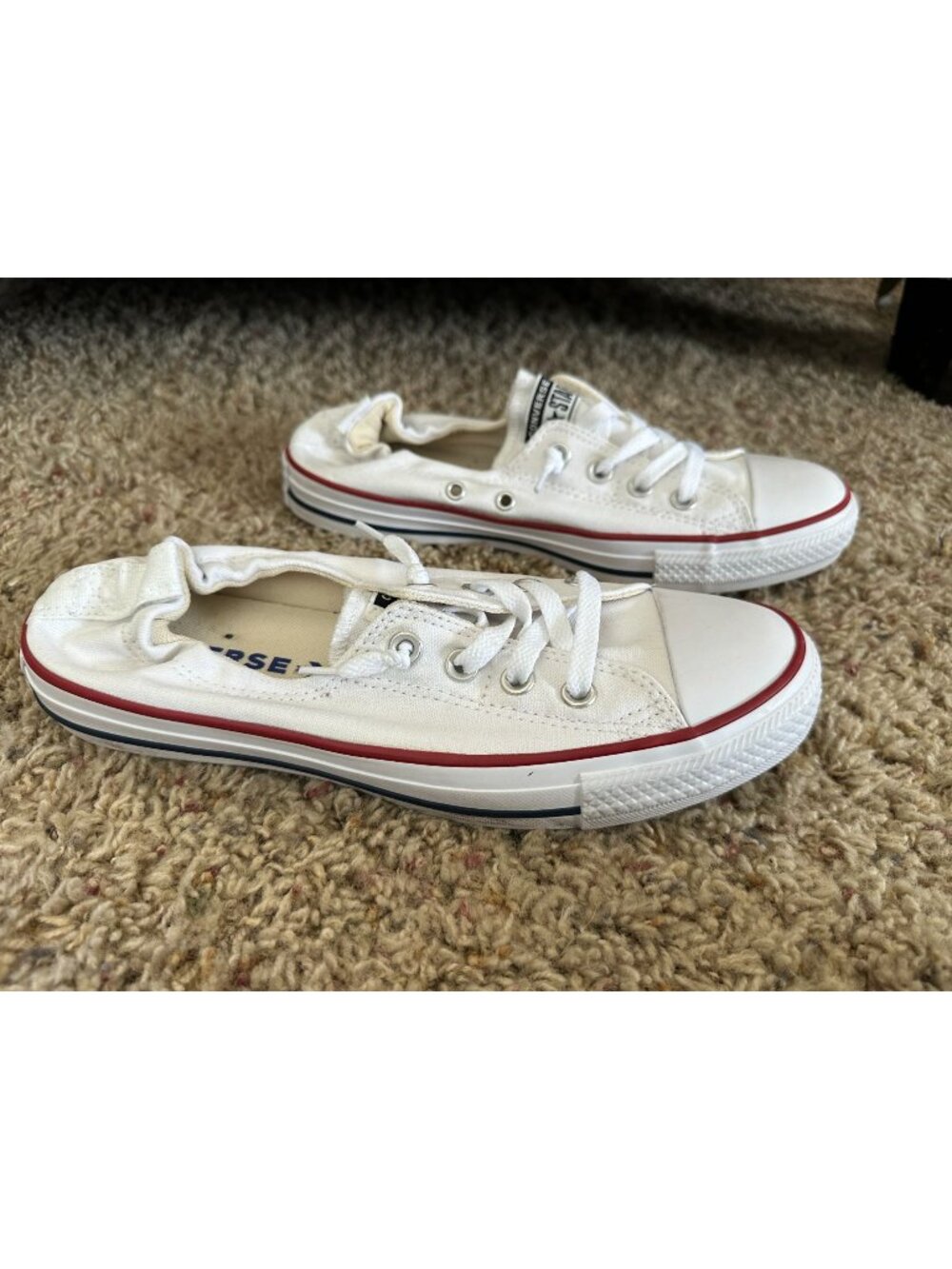 Converse White Canvas Sneakers with Red and Navy Stripe
